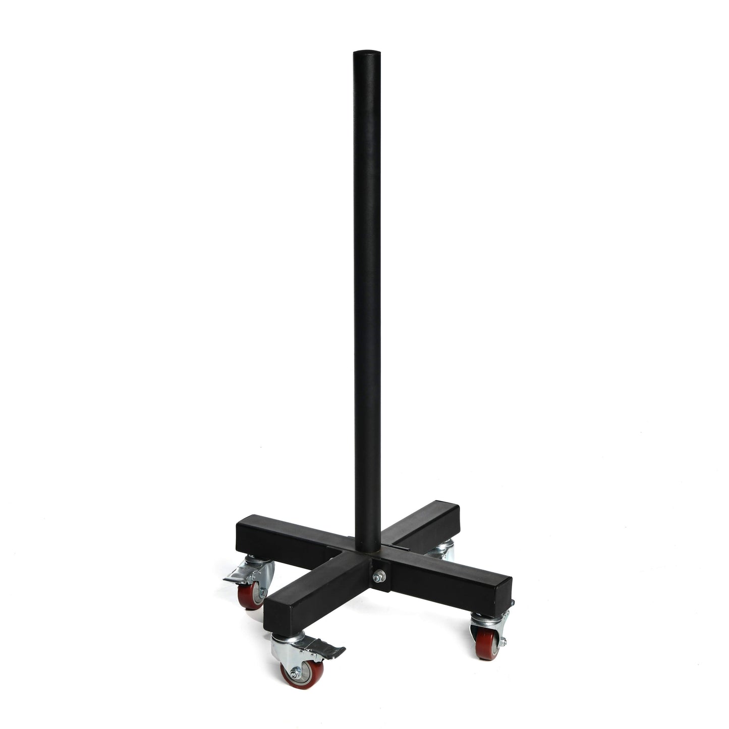 Black steel bumper plate stacker with vertical post and four caster wheels on cross-shaped base.