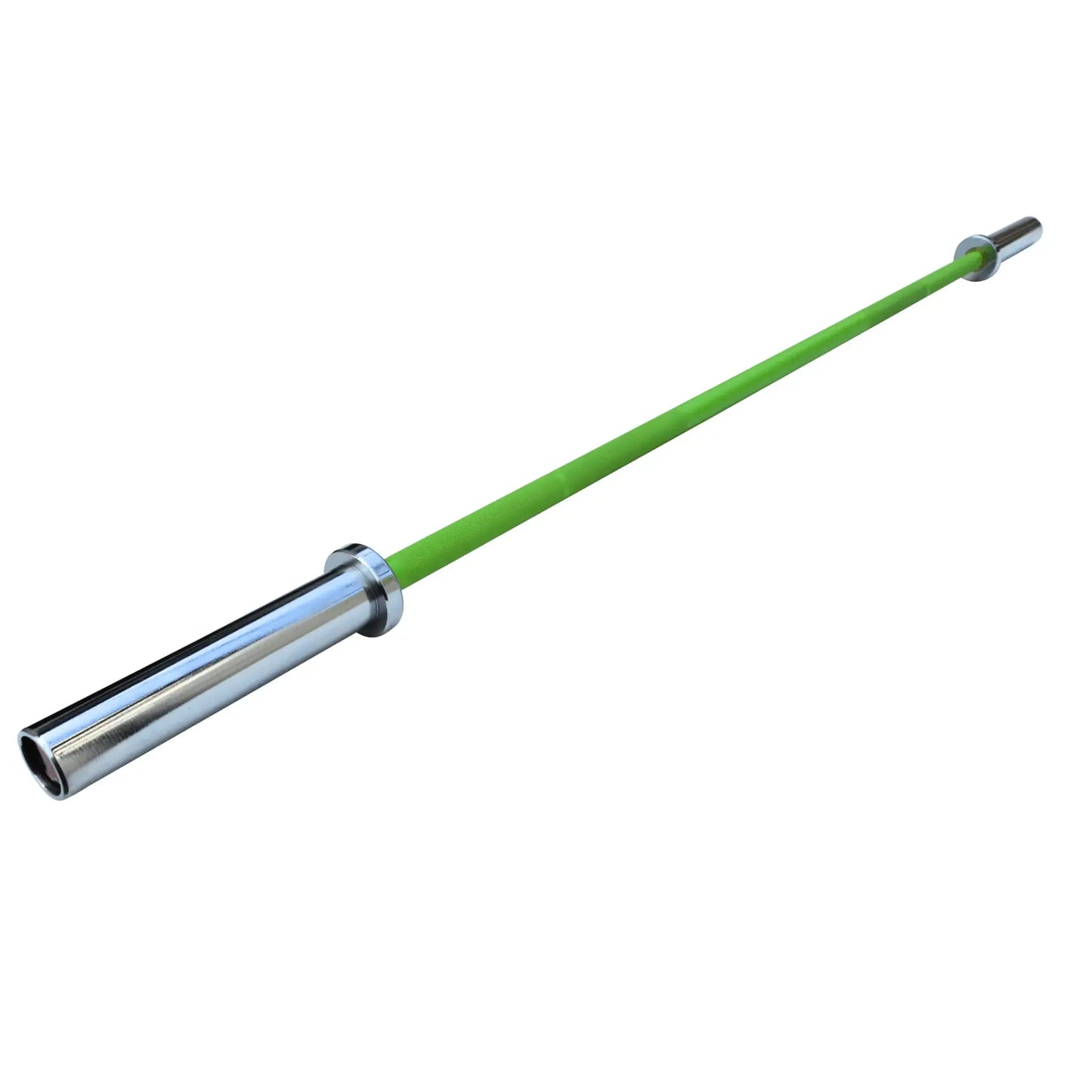 Green aluminium Olympic technique barbell with chrome sleeves, 8kg training bar.