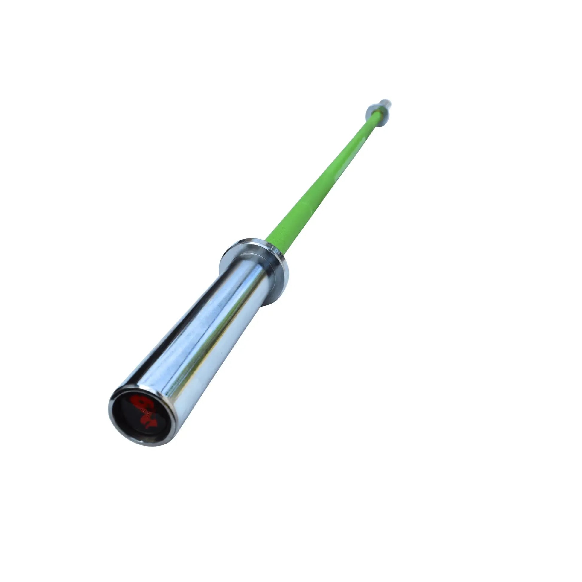 Green aluminium Olympic technique barbell with polished chrome sleeves and black end caps.