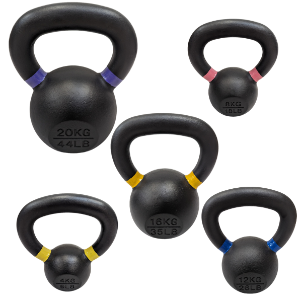 Set of four black cast iron kettlebells with powder coating, each marked with weight and color-coded bands.