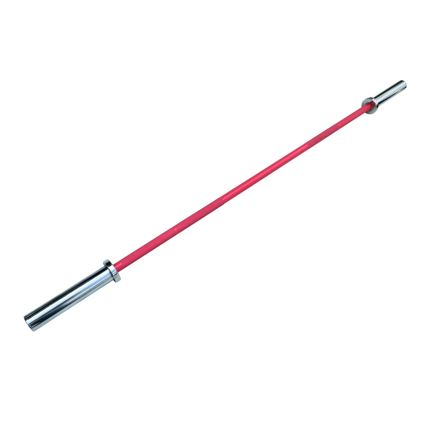 Pink lightweight aluminium Olympic barbell with shiny silver sleeves for training.