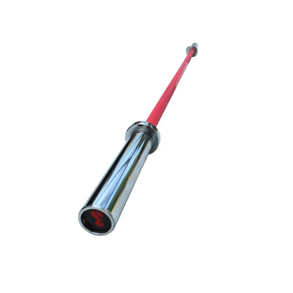 Pink Olympic technique barbell with shiny silver sleeves and rubber end caps displaying red logo.