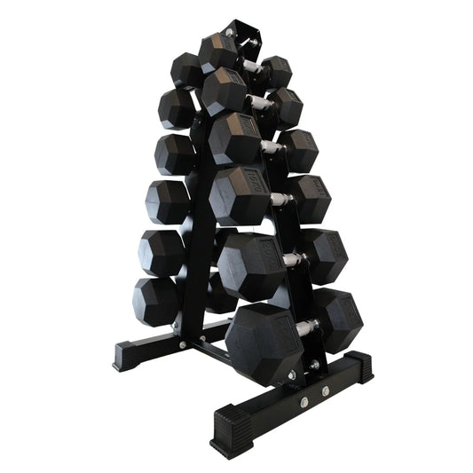 Black rubber hex dumbbells on a black metal tree rack with three tiers.