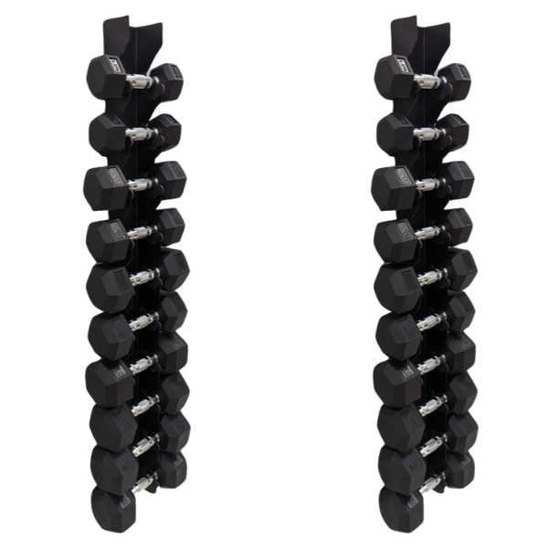 Two vertical wall-mounted racks holding multiple pairs of black hexagonal dumbbells with silver handles.