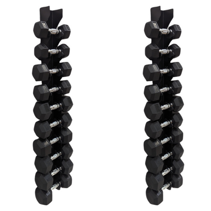 Two vertical wall-mounted racks holding multiple pairs of black hexagonal dumbbells with silver handles.