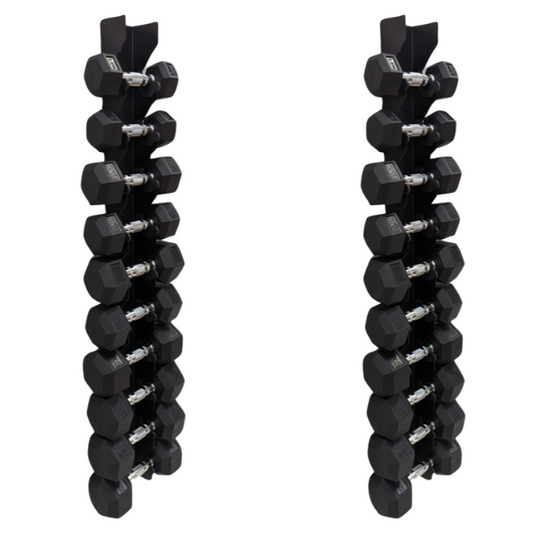 Two vertical wall-mounted racks holding multiple pairs of black hexagonal dumbbells with silver handles.